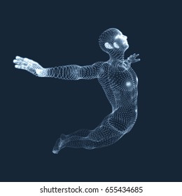 Jumping Man. Vector Graphics Composed of Particles. 3D Model of Man. Human Body Model. Body Scanning. View of Human Body. 