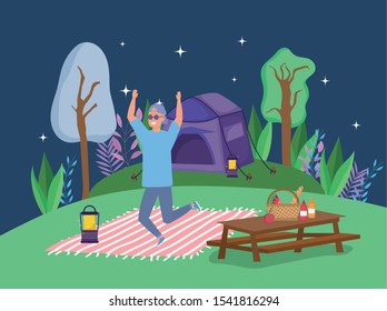 jumping man wearing sunglasses lantern blanket table tent camping picnic vector illustration