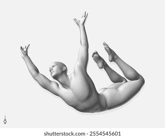 Jumping man. A man in weightlessness. Guy flying or falling in the air. 3D model of human body with stipple effect. Monochrome colouring. Vector illustration for poster, card, cover, brochure, etc.