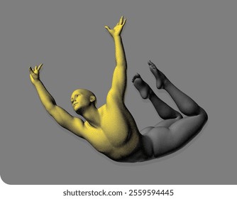 Jumping man. A man in weightlessness. Guy flying or falling in the air.  Stipple style human model with the effect of colour division of the body into two parts black and gold. 3D vector for design.