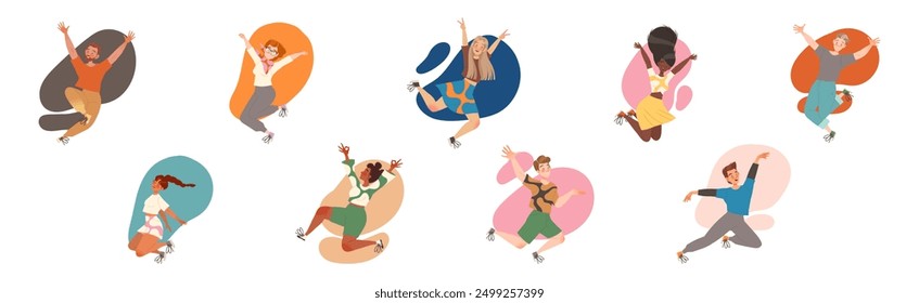 Jumping Man and Woman Character with Happy Face Feeling Joy and Excitement Vector Illustration Set