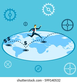 Jumping. Manager jumping on a map of world. Concept business vector illustration.