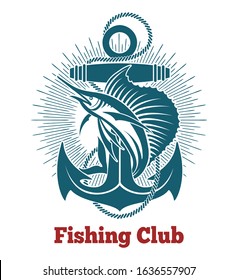 Jumping Marlin and Anchor with Ropes. Fishing Club Emblem. Vector Illustration.