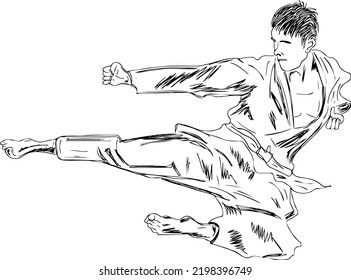 Jumping Martial arts player vector  Kung fu player cartoon doodle drawing  Outline Sketch drawing karate fighter  Line art silhouette marshal art fighter