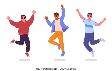 Saltando hombres. Alegre celebración de personajes masculinos saltando de alegría, bailando personas positivas grupo de Ilustración vectorial plana conjunto. Chicos felices en movimiento