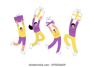 Jumping men and women with presents. Flat modern illustration of dancing customers with a gift. Vector concept for birthday party or discounts sale promotion voucher.