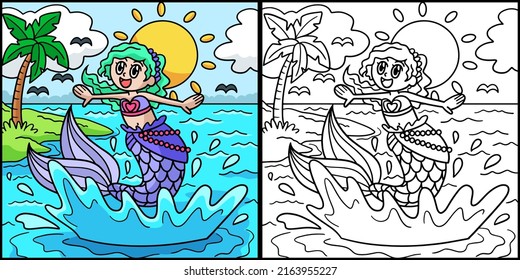 Jumping Mermaid Coloring Page Colored Illustration Stock Vector ...