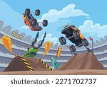 Jumping monster truck show. Bright colorful cartoon auto with big wheels. Car with large tires for rally 4x4 computer or mobile game. Vector cartoon illustration