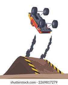 Jumping monster truck show. Bright colorful cartoon auto with big wheels. Car with large tires for rally 4x4 computer or mobile game. Vector cartoon illustration