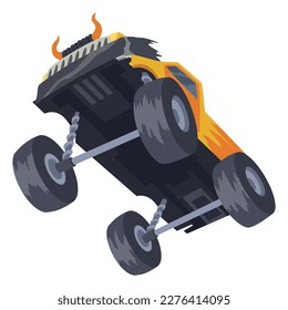 Jumping monster truck show. Bright colorful cartoon auto with big wheels. Car with large tires for rally 4x4 computer or mobile game. Vector cartoon illustration