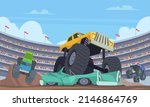 Jumping monster truck. Sport car with big wheels on arena aggressive adult game speed transport exact vector cartoon background