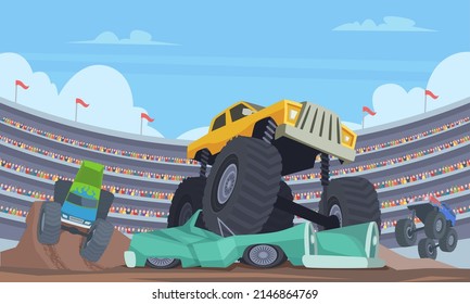 Jumping monster truck. Sport car with big wheels on arena aggressive adult game speed transport exact vector cartoon background