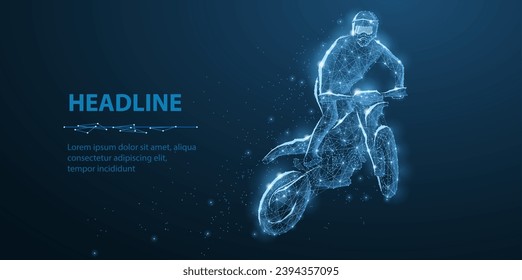 Jumping motocross rider on blue. Motocross freestyle. Abstract 3d illustration. Low pole style with dots, lines and stars.