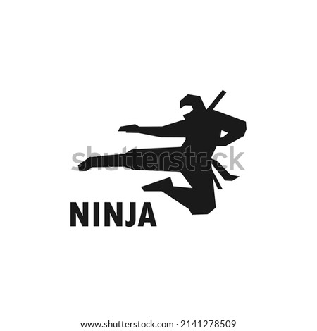 Jumping ninja kicking attack simple black vector silhouette illustration.