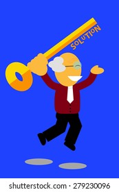 jumping old man holding a key, illustration for finding the solution
