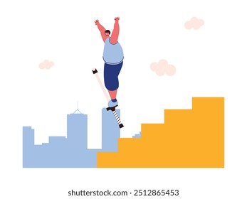 Jumping on high stairs using pogo, extreme sports vector illustration.