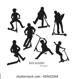 Jumping on a kick scooter silhouettes teen on the white background. Vector illustration