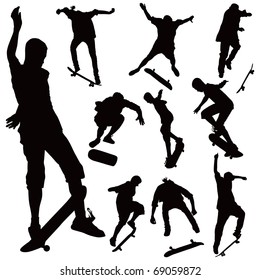 Jumping on skate board silhouettes vector collection. Illustration of ten black poses on white background.