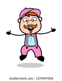 Jumping with Open Hands - Retro Delivery Man Vendor Vector Illustration