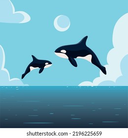 jumping orca whales seascape design