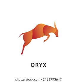 Jumping Oryx logo with minimalist design, long horns, lines, simple, on a white background.