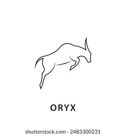 Jumping Oryx logo with minimalist design, long horns, lines, simple, on a white background.