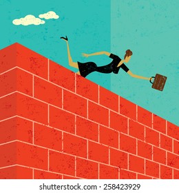 Jumping Over A Brick Wall A Businesswoman Jumping Over A Brick Wall To Achieve Her Goal. The Woman & Wall Are On A Separate Labeled Layer From The Background.