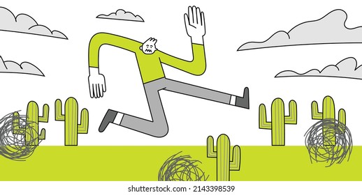 Jumping Over Cactus Hand Drawn Character Illustration.