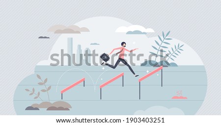 Jumping over hurdles as business challenge obstacle leap tiny person concept. Businessman overcome problems and barriers as effort for company success vector illustration. Difficulties with solution.