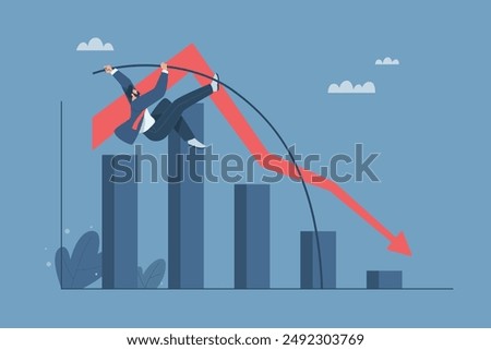 Jumping over the recession, Stocks fall, Overcoming financial problems, Coping with risks, Concepts for dealing with uncertain events, Businessman pole vaulting over a falling graph. Vector design.