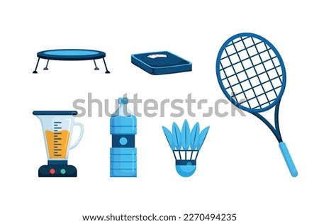 Jumping pad or Trampoline jumping park ,weighing machine,badminton, Juice blender, waters,shuttlecock,Exercise, Workout and excercise lifestyle concepts. 