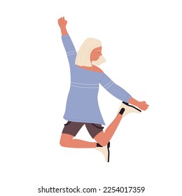 Jumping partygoer girl. Dancing and having fun woman vector illustration