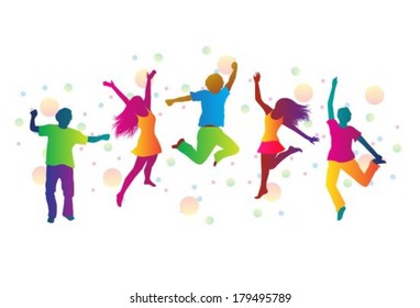 jumping people in bright clothes and colored spots 