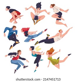 Jumping People Character Feeling Freedom and Motion Flying in Mid Air Vector Illustration Set