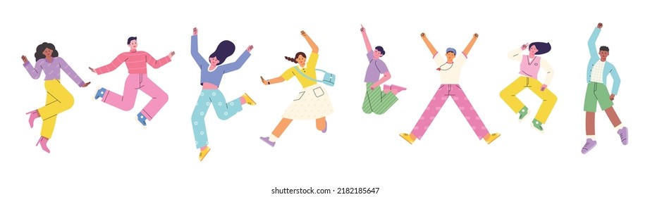 Jumping of people of different races and styles. flat design style vector illustration.