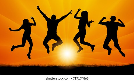 Jumping people friends on the evening sunset, silhouette vector