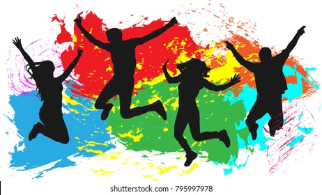 Jumping people friends silhouette, colorful bright ink splashes background