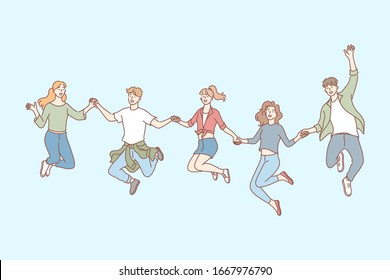 Jumping people, friendship, leisure set concept. Young jumping happy people, men and women, boys and girls, teenagers students together holding hands. Happiness and joy lifestyle. Simple flat vector