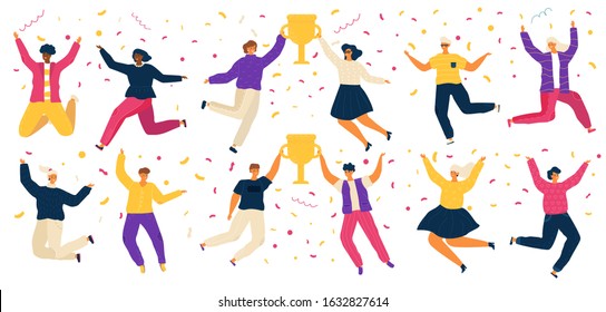 Jumping people, happy carton characters, award winner vector illustration. Men and women celebrating victory in competition, cheerful people jump with trophy award. Contest winner celebration party.