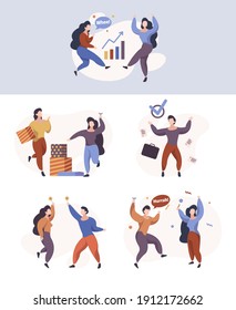 Jumping people. Happy characters professional celebration party activities success persons man and woman garish vector flat illustrations