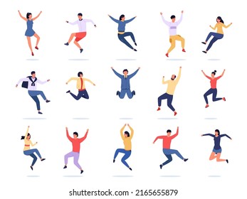 Jumping people. Happy young characters express emotions, teen group in colorful trendy clothes. Vector joyful flying persons in motion, male and female avatars. Cheerful man and woman office workers