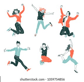 Jumping people isolated on white background.various poses jumping people character. hand drawn style vector design illustrations.happiness, freedom, motion and people concept.flat simple set of people