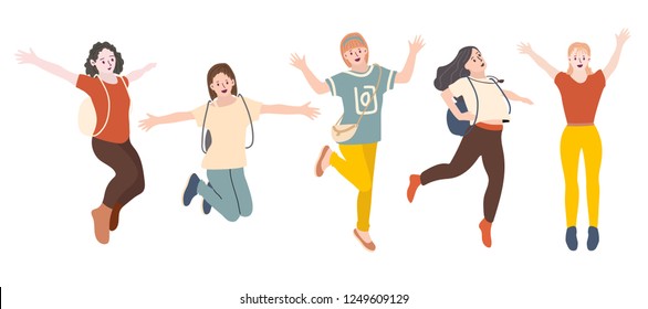 Jumping people isolated on white background. Happiness, freedom, motion and people concept. Flat simple set of people