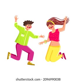 Jumping People Man And Woman Togetherness Vector. Happy Jumping People Boy And Girl Celebrate Victory Or Successful Achievement. Characters With Positive Emotion Flat Cartoon Illustration