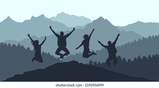 Jumping people on background of forest and mountains, silhouette. Beautiful nature. Vector illustration