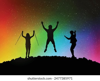 Jumping people on mountain top. Weekend climbing. Polar lights in sky