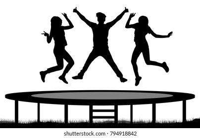 Jumping people on a trampoline silhouette, jump friends.