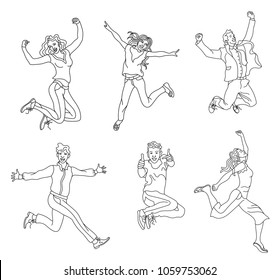 Jumping people outline isolated on white background.various poses jumping people character. hand drawn style vector design illustrations.happiness, freedom, motion and people concept. 