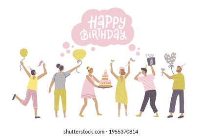 Jumping people with presents, balloons and bday cake. Dancing men ans women with gifts and glasses. Vector concept for birthday party or discounts sale promotion banner. Flat modern illustration
