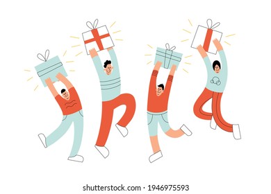 Jumping people with presents. Flat modern illustration of dancing customers with a gift. Vector concept for birthday party or discounts sale promotion voucher.